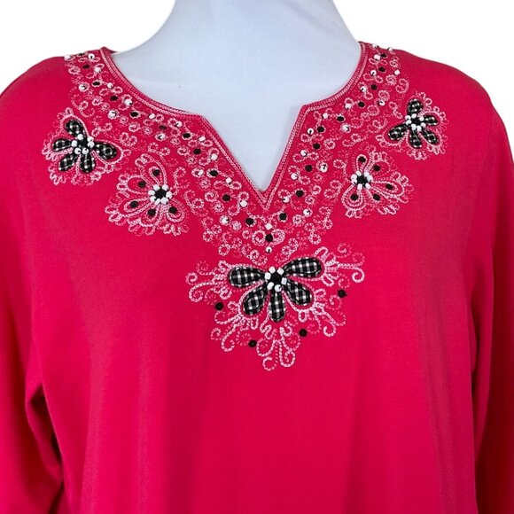 Alfred Dunner 3/4 Sleeve Split Neck Floral Yoke Embroidered Beaded Top Sm - Picture 2 of 7